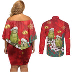 New Zealand Kakapo Christmas Couples Matching Off Shoulder Short Dress and Long Sleeve Button Shirt Owl Parrot Santa Sliver Fern Manuka - Red - Aussie Hoodie