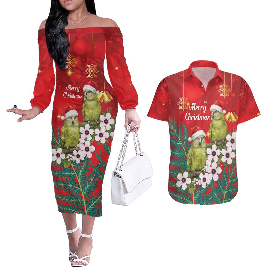 New Zealand Kakapo Christmas Couples Matching Off The Shoulder Long Sleeve Dress and Hawaiian Shirt Owl Parrot Santa Sliver Fern Manuka - Red - Aussie Hoodie