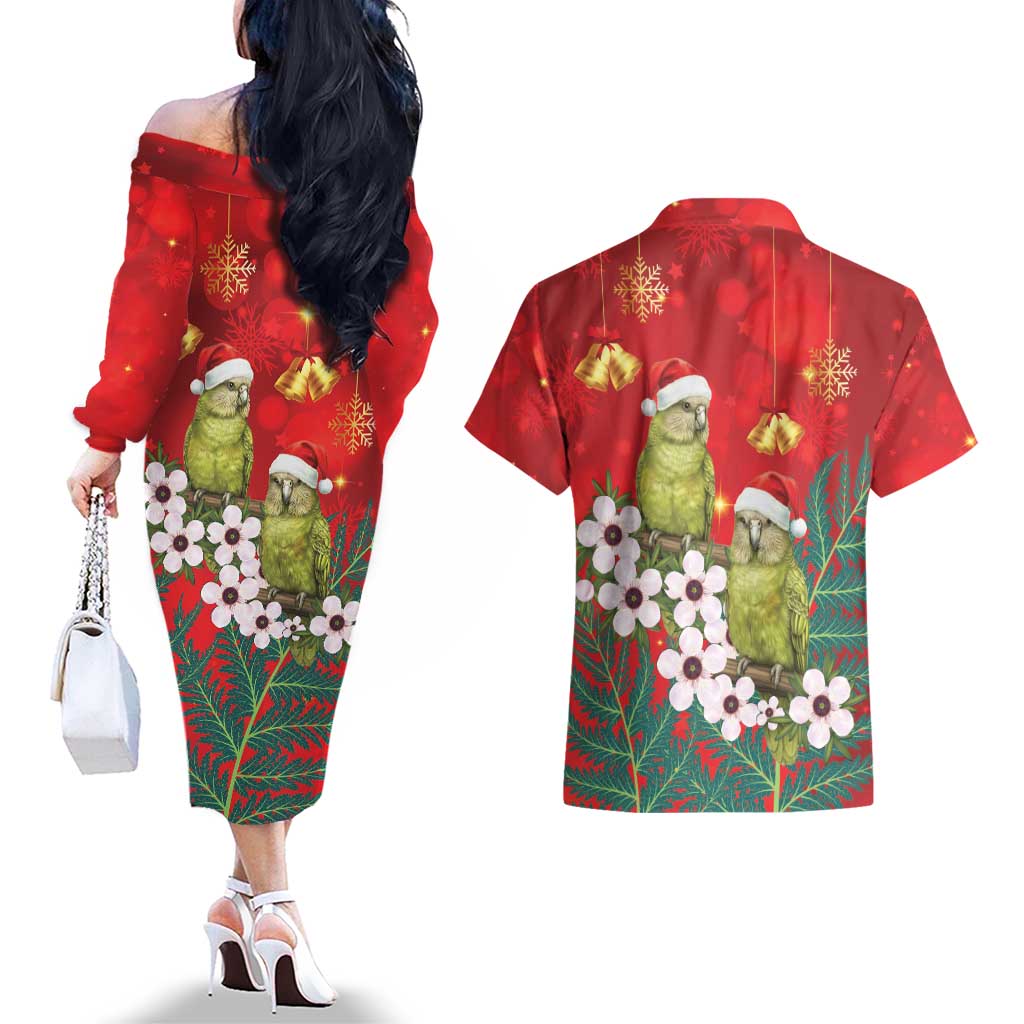 New Zealand Kakapo Christmas Couples Matching Off The Shoulder Long Sleeve Dress and Hawaiian Shirt Owl Parrot Santa Sliver Fern Manuka - Red - Aussie Hoodie