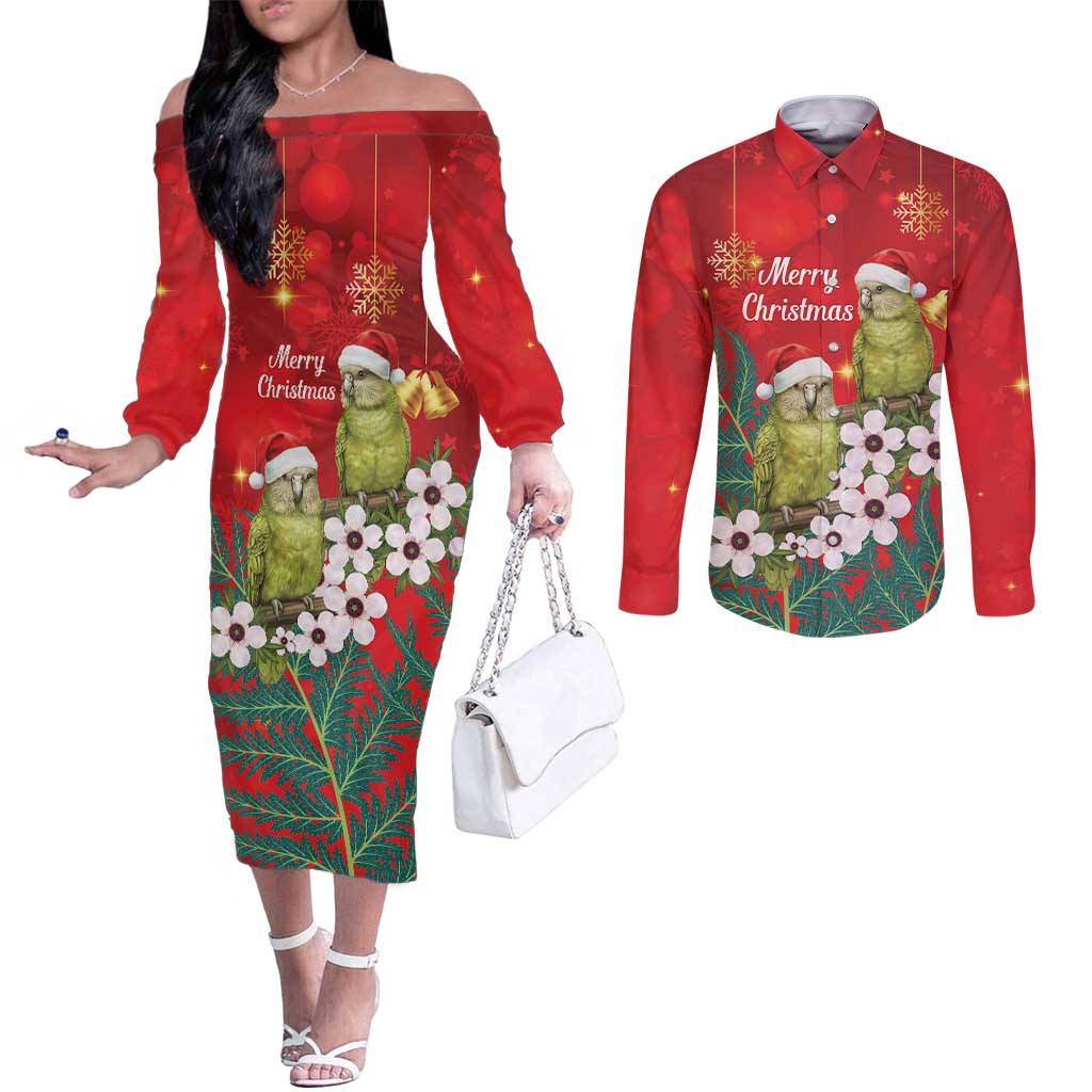 New Zealand Kakapo Christmas Couples Matching Off The Shoulder Long Sleeve Dress and Long Sleeve Button Shirt Owl Parrot Santa Sliver Fern Manuka - Red - Aussie Hoodie