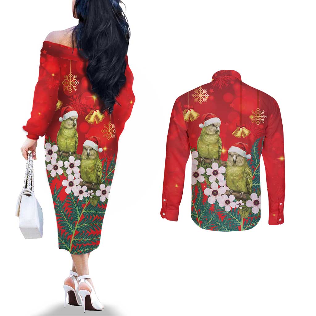 New Zealand Kakapo Christmas Couples Matching Off The Shoulder Long Sleeve Dress and Long Sleeve Button Shirt Owl Parrot Santa Sliver Fern Manuka - Red - Aussie Hoodie