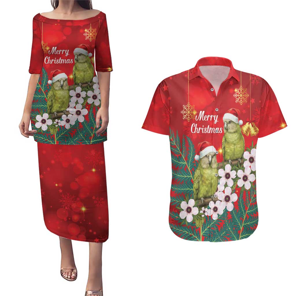 New Zealand Kakapo Christmas Couples Matching Puletasi and Hawaiian Shirt Owl Parrot Santa Sliver Fern Manuka - Red - Aussie Hoodie