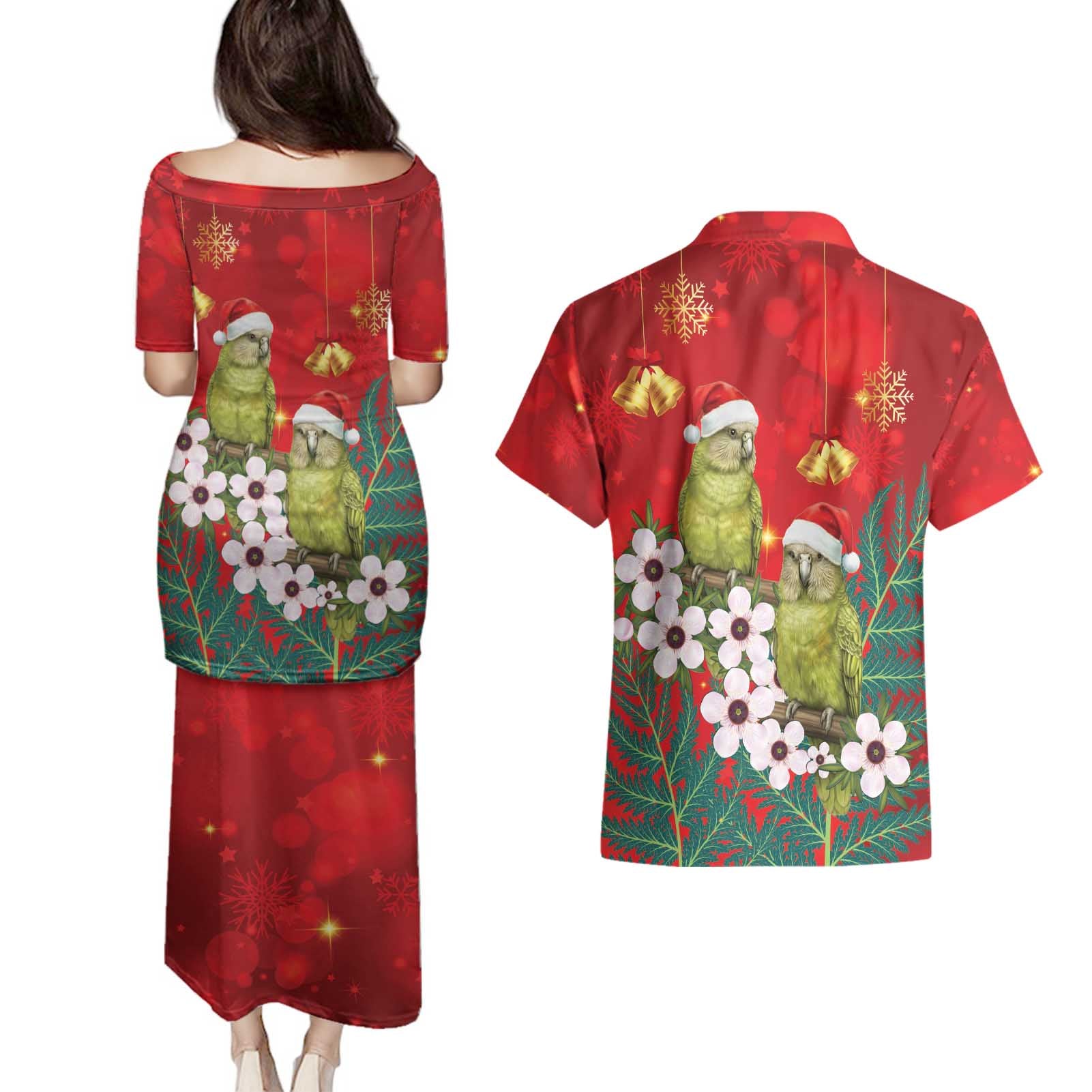New Zealand Kakapo Christmas Couples Matching Puletasi and Hawaiian Shirt Owl Parrot Santa Sliver Fern Manuka - Red - Aussie Hoodie
