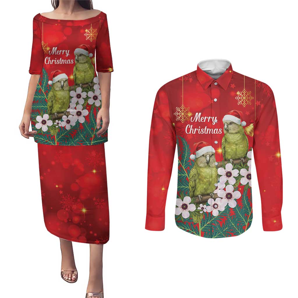 New Zealand Kakapo Christmas Couples Matching Puletasi and Long Sleeve Button Shirt Owl Parrot Santa Sliver Fern Manuka - Red - Aussie Hoodie