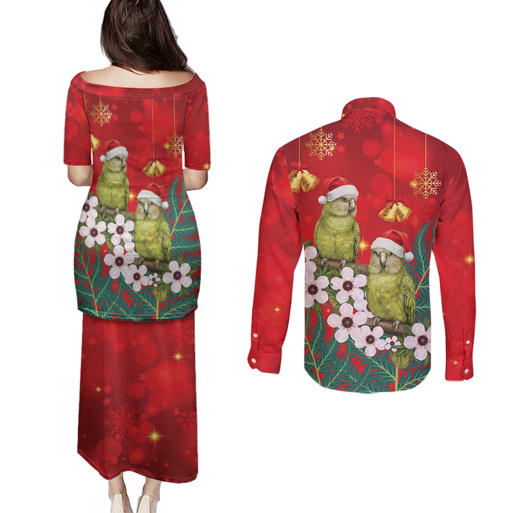 New Zealand Kakapo Christmas Couples Matching Puletasi and Long Sleeve Button Shirt Owl Parrot Santa Sliver Fern Manuka - Red - Aussie Hoodie