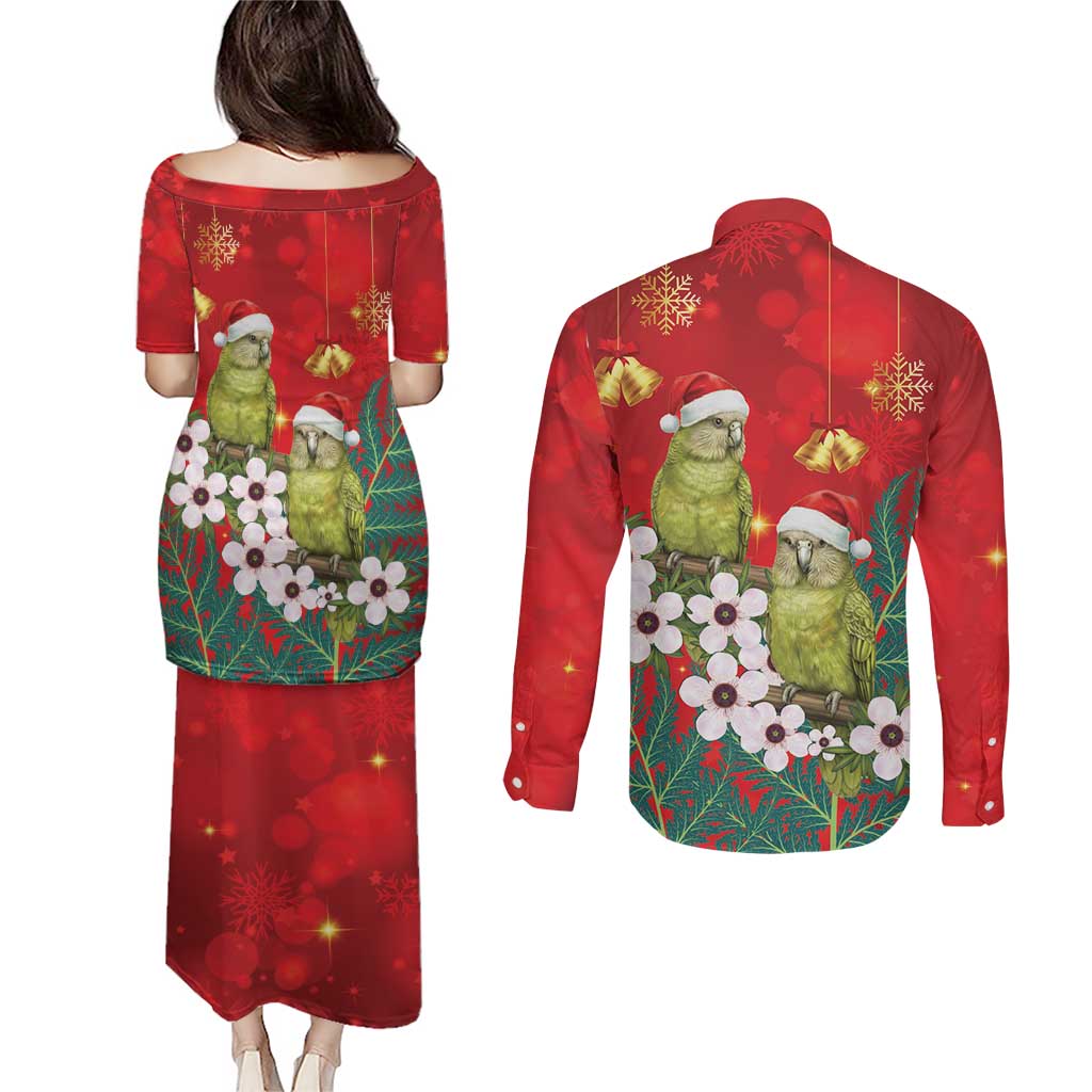 New Zealand Kakapo Christmas Couples Matching Puletasi and Long Sleeve Button Shirt Owl Parrot Santa Sliver Fern Manuka - Red - Aussie Hoodie