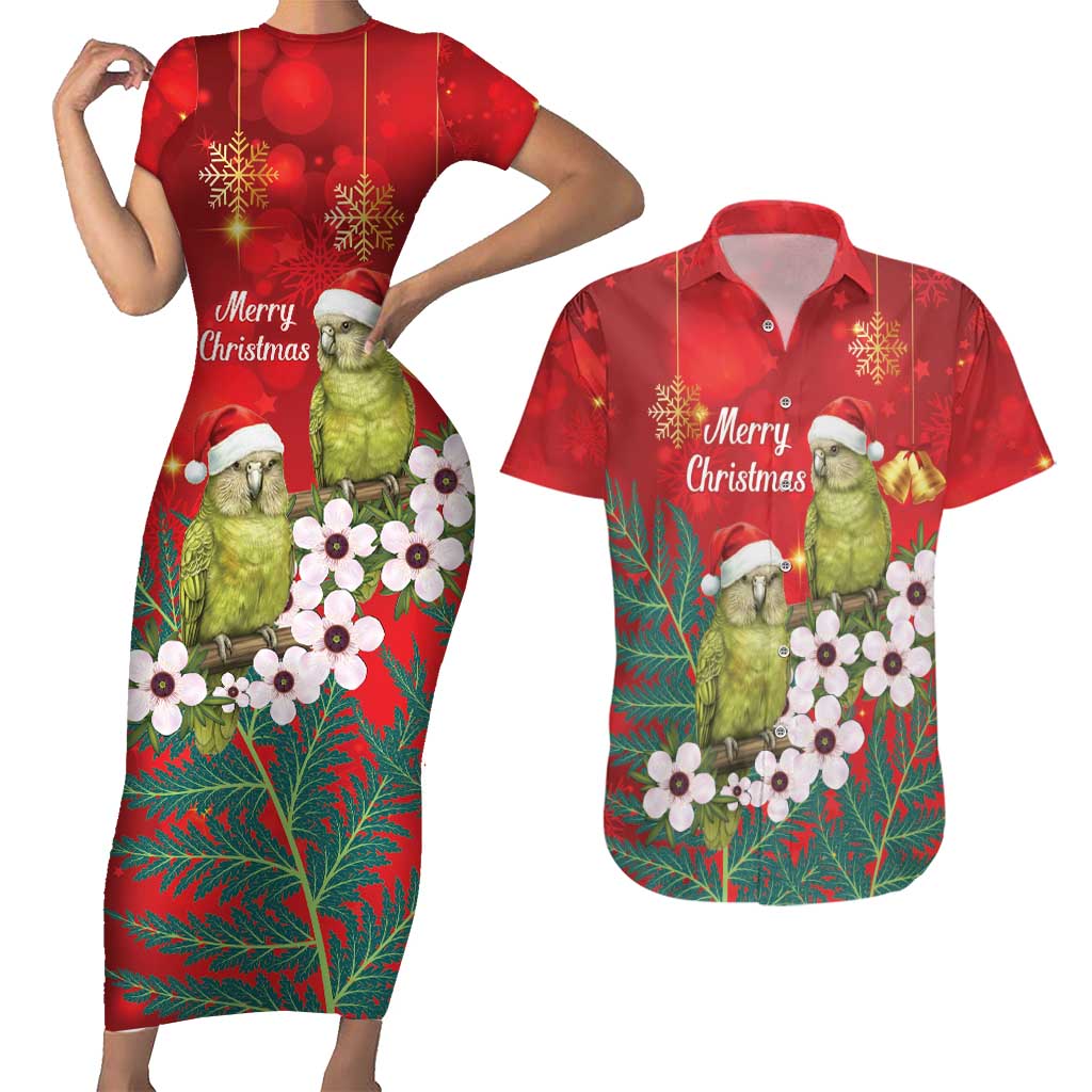 New Zealand Kakapo Christmas Couples Matching Short Sleeve Bodycon Dress and Hawaiian Shirt Owl Parrot Santa Sliver Fern Manuka - Red - Aussie Hoodie