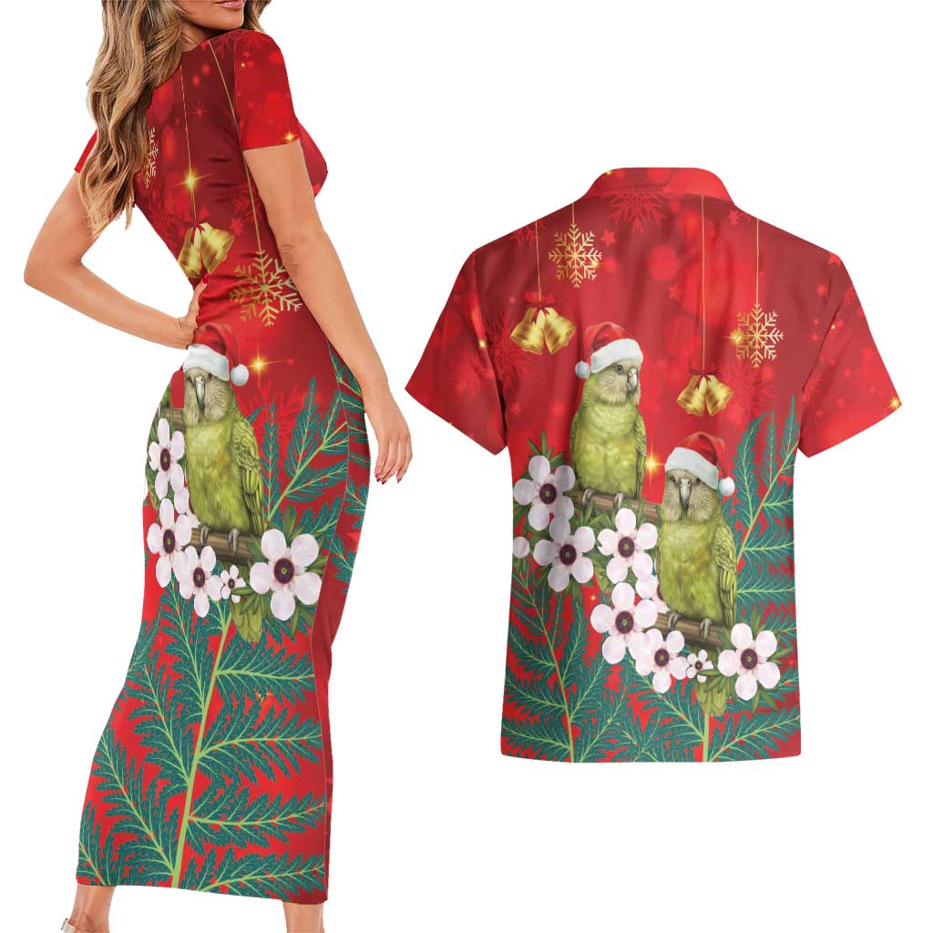 New Zealand Kakapo Christmas Couples Matching Short Sleeve Bodycon Dress and Hawaiian Shirt Owl Parrot Santa Sliver Fern Manuka - Red - Aussie Hoodie