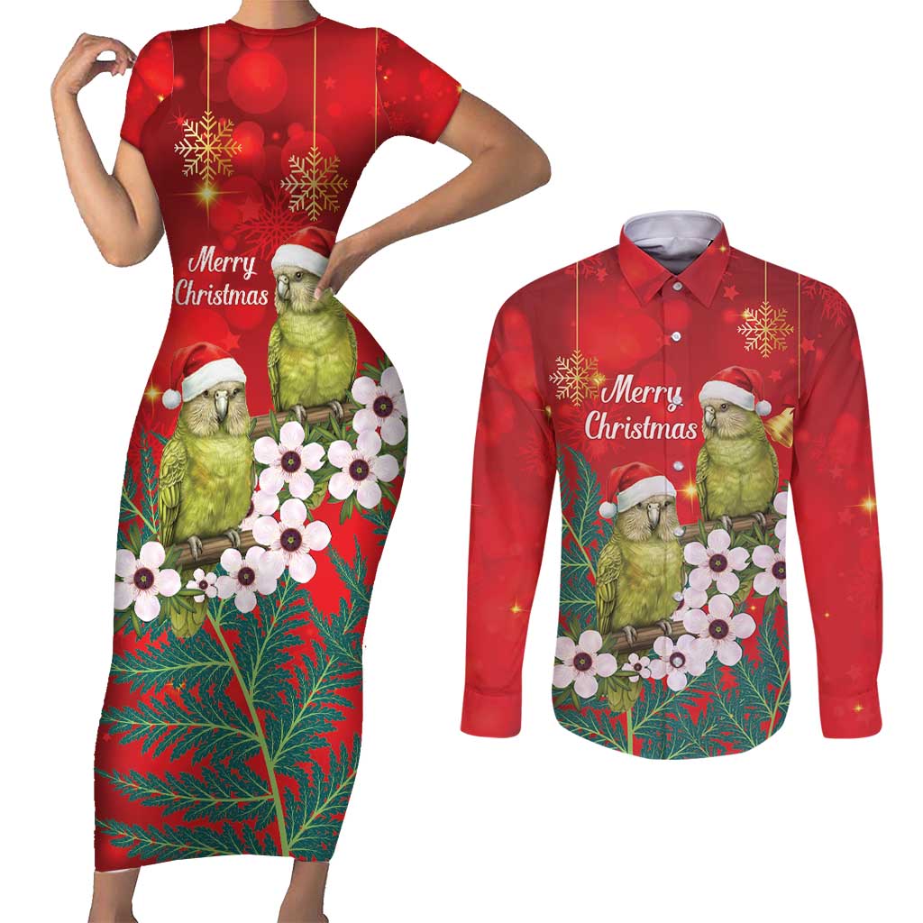 New Zealand Kakapo Christmas Couples Matching Short Sleeve Bodycon Dress and Long Sleeve Button Shirt Owl Parrot Santa Sliver Fern Manuka - Red - Aussie Hoodie