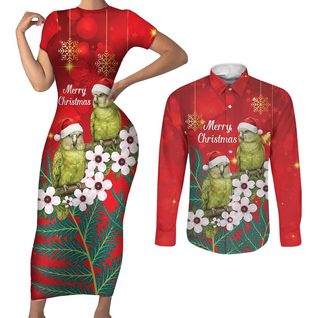 New Zealand Kakapo Christmas Couples Matching Short Sleeve Bodycon Dress and Long Sleeve Button Shirt Owl Parrot Santa Sliver Fern Manuka - Red - Aussie Hoodie