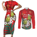 New Zealand Kakapo Christmas Couples Matching Short Sleeve Bodycon Dress and Long Sleeve Button Shirt Owl Parrot Santa Sliver Fern Manuka - Red - Aussie Hoodie