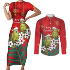 New Zealand Kakapo Christmas Couples Matching Short Sleeve Bodycon Dress and Long Sleeve Button Shirt Owl Parrot Santa Sliver Fern Manuka - Red - Aussie Hoodie
