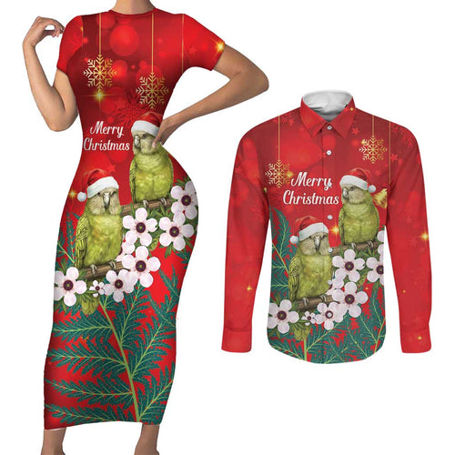 New Zealand Kakapo Christmas Couples Matching Short Sleeve Bodycon Dress and Long Sleeve Button Shirt Owl Parrot Santa Sliver Fern Manuka - Red - Aussie Hoodie
