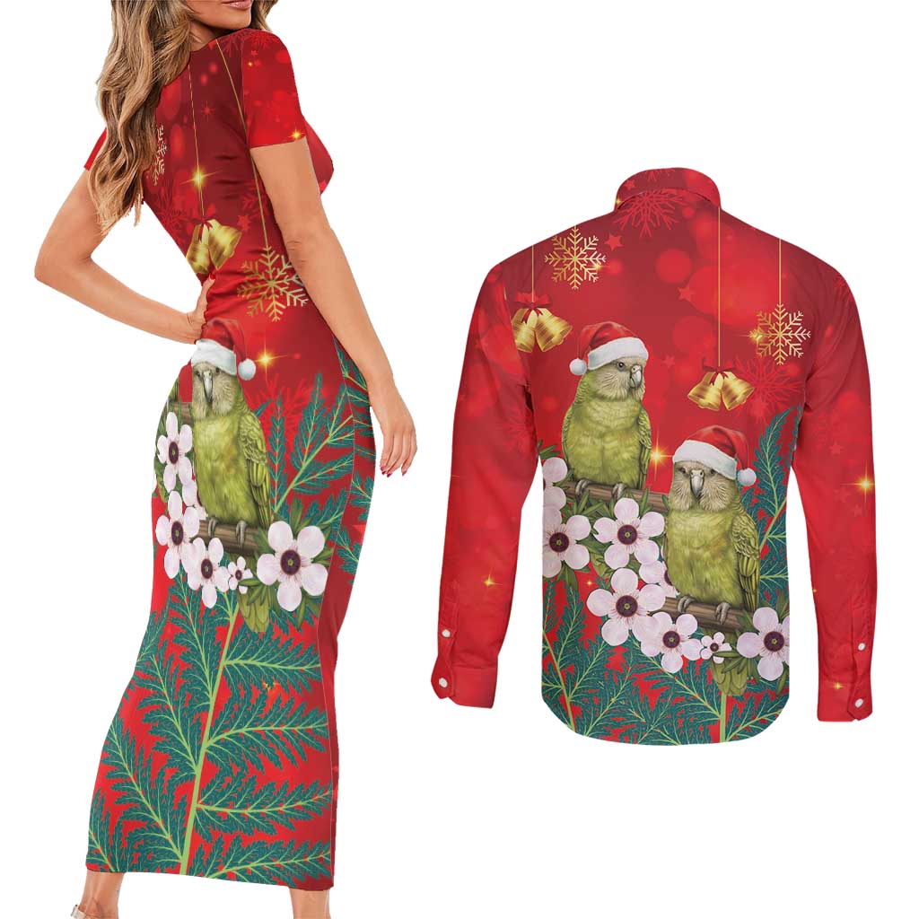 New Zealand Kakapo Christmas Couples Matching Short Sleeve Bodycon Dress and Long Sleeve Button Shirt Owl Parrot Santa Sliver Fern Manuka - Red - Aussie Hoodie