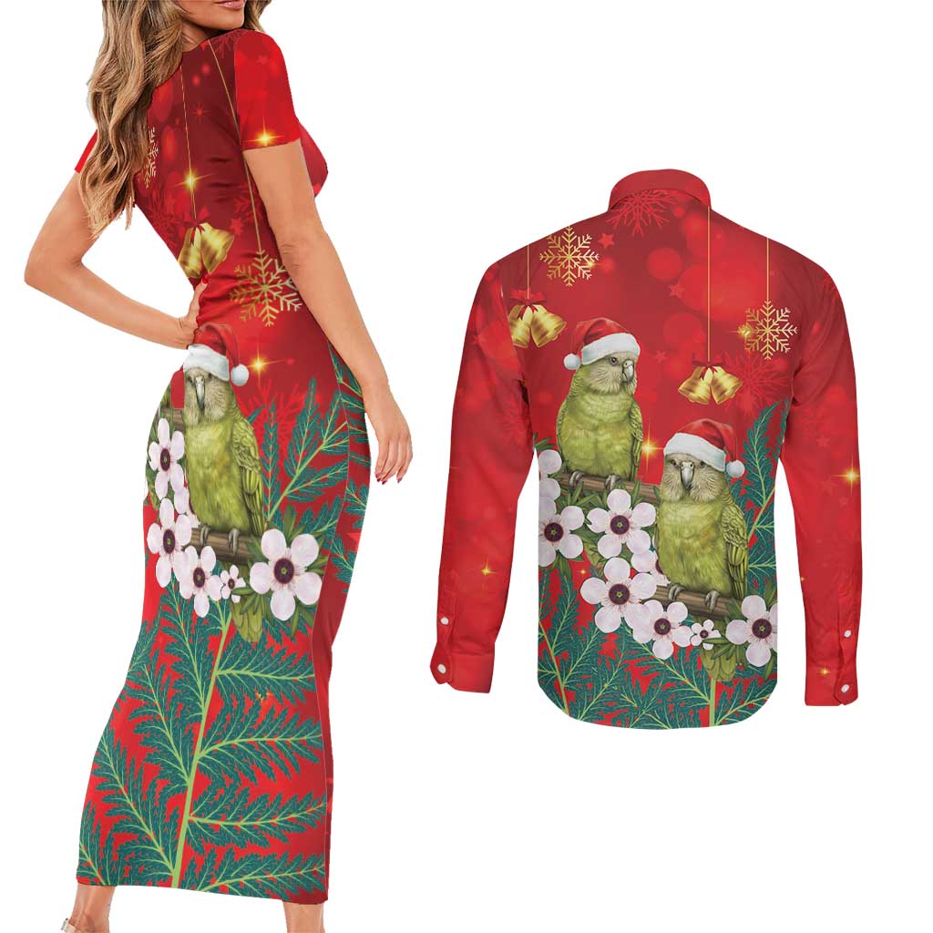 New Zealand Kakapo Christmas Couples Matching Short Sleeve Bodycon Dress and Long Sleeve Button Shirt Owl Parrot Santa Sliver Fern Manuka - Red - Aussie Hoodie