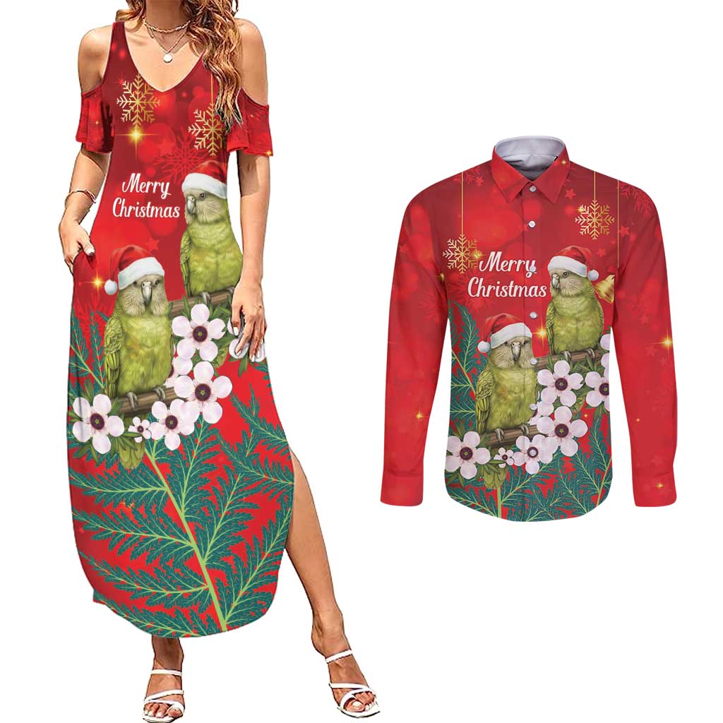 New Zealand Kakapo Christmas Couples Matching Summer Maxi Dress and Long Sleeve Button Shirt Owl Parrot Santa Sliver Fern Manuka - Red - Aussie Hoodie