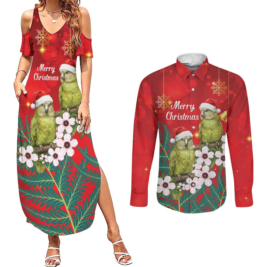 New Zealand Kakapo Christmas Couples Matching Summer Maxi Dress and Long Sleeve Button Shirt Owl Parrot Santa Sliver Fern Manuka - Red - Aussie Hoodie
