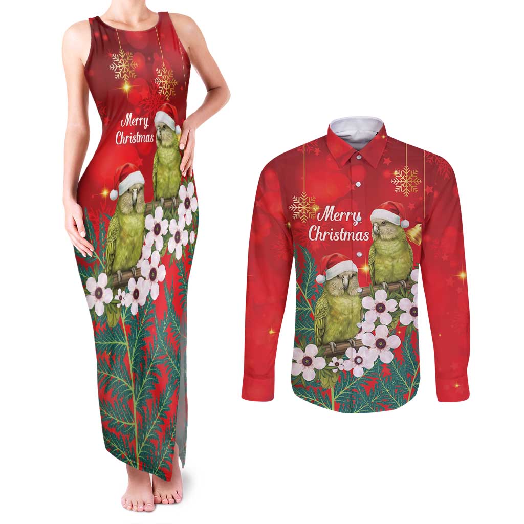 New Zealand Kakapo Christmas Couples Matching Tank Maxi Dress and Long Sleeve Button Shirt Owl Parrot Santa Sliver Fern Manuka - Red - Aussie Hoodie