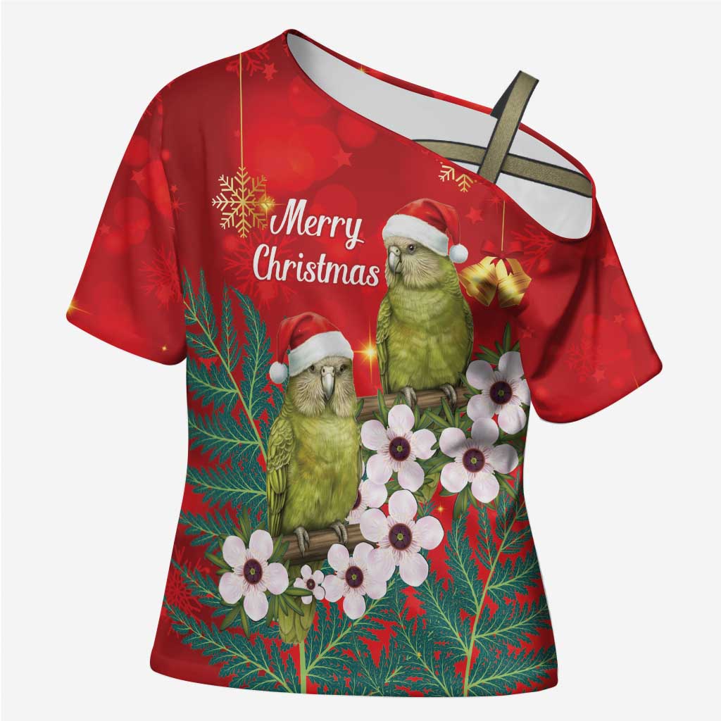 New Zealand Kakapo Christmas Cross Shoulder Shirt Owl Parrot Santa Sliver Fern Manuka - Red - Aussie Hoodie