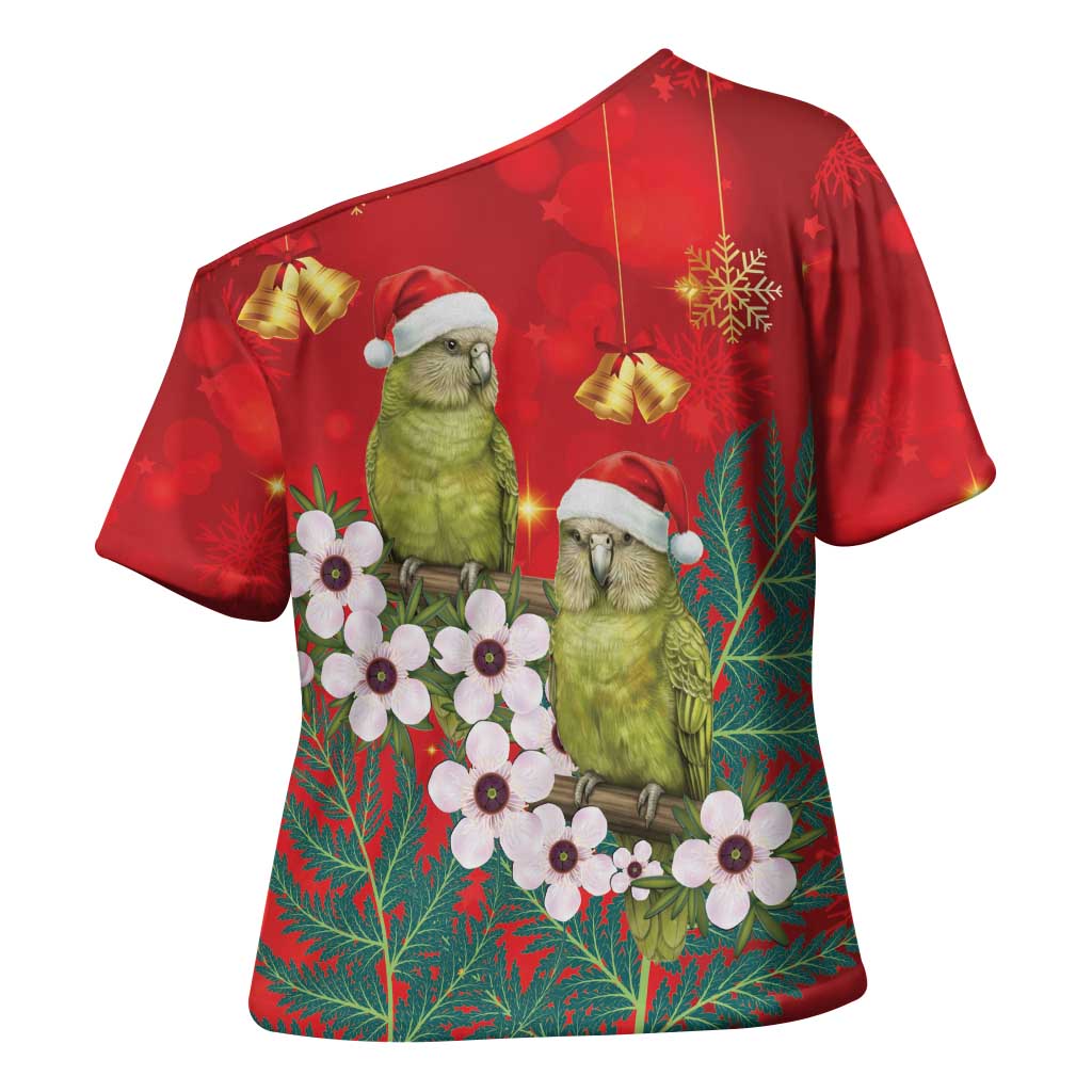 New Zealand Kakapo Christmas Cross Shoulder Shirt Owl Parrot Santa Sliver Fern Manuka - Red - Aussie Hoodie