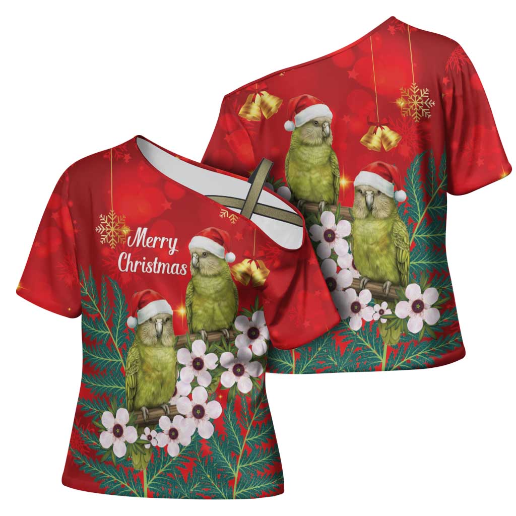 New Zealand Kakapo Christmas Cross Shoulder Shirt Owl Parrot Santa Sliver Fern Manuka - Red - Aussie Hoodie
