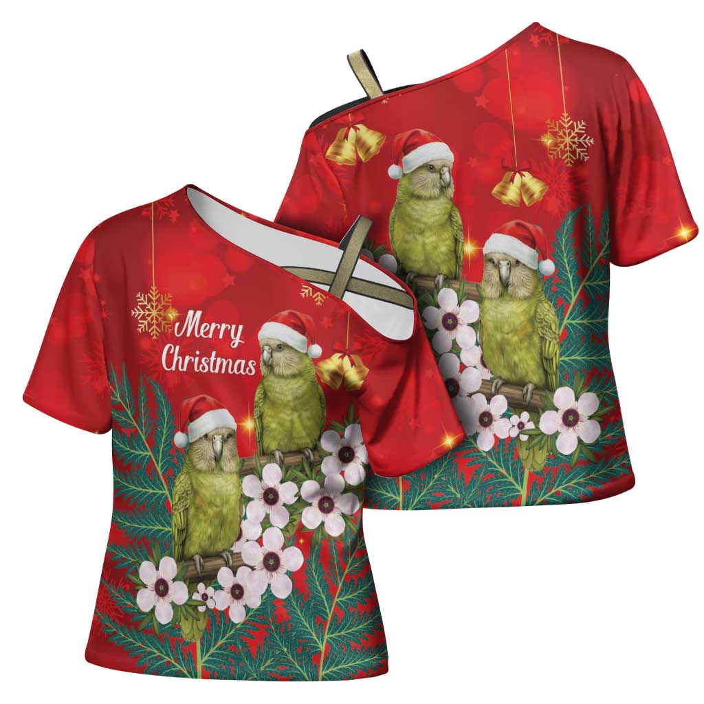 New Zealand Kakapo Christmas Cross Shoulder Shirt Owl Parrot Santa Sliver Fern Manuka - Red - Aussie Hoodie