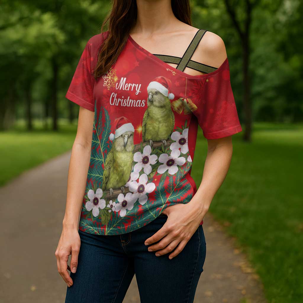 New Zealand Kakapo Christmas Cross Shoulder Shirt Owl Parrot Santa Sliver Fern Manuka - Red - Aussie Hoodie
