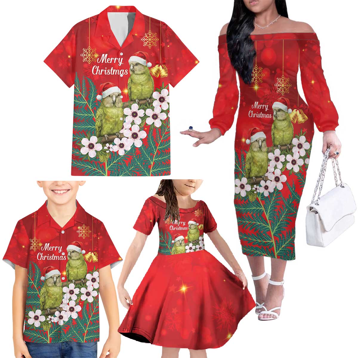 New Zealand Kakapo Christmas Family Matching Off The Shoulder Long Sleeve Dress and Hawaiian Shirt Owl Parrot Santa Sliver Fern Manuka - Red - Aussie Hoodie
