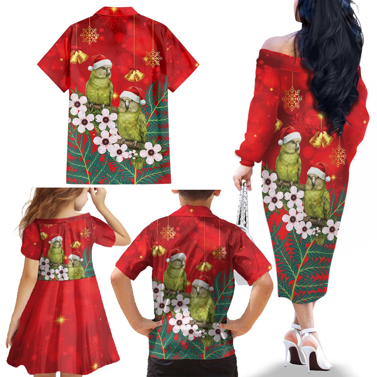 New Zealand Kakapo Christmas Family Matching Off The Shoulder Long Sleeve Dress and Hawaiian Shirt Owl Parrot Santa Sliver Fern Manuka - Red - Aussie Hoodie