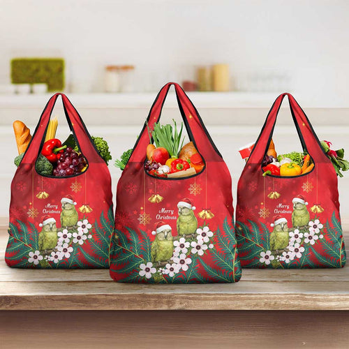 New Zealand Kakapo Christmas Grocery Bag Owl Parrot Santa Sliver Fern Manuka - Red - Aussie Hoodie