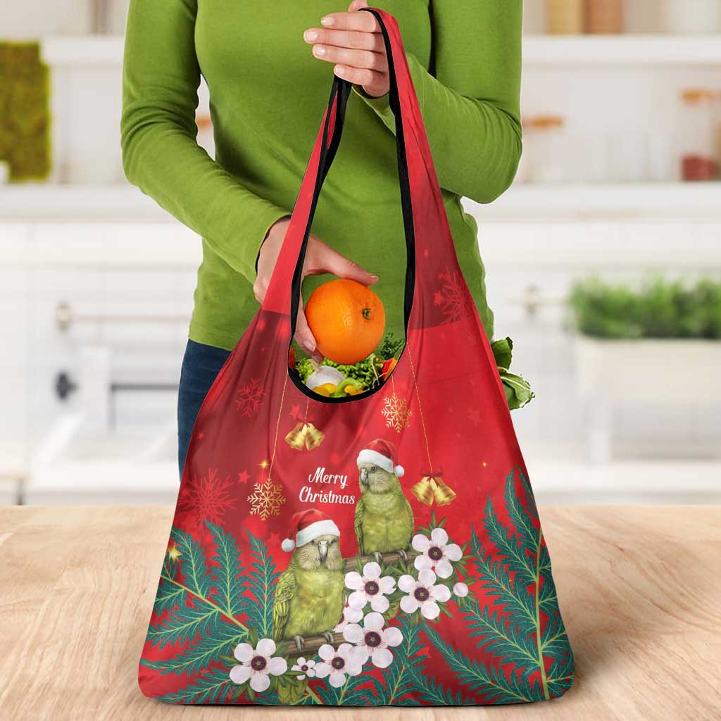 New Zealand Kakapo Christmas Grocery Bag Owl Parrot Santa Sliver Fern Manuka - Red - Aussie Hoodie