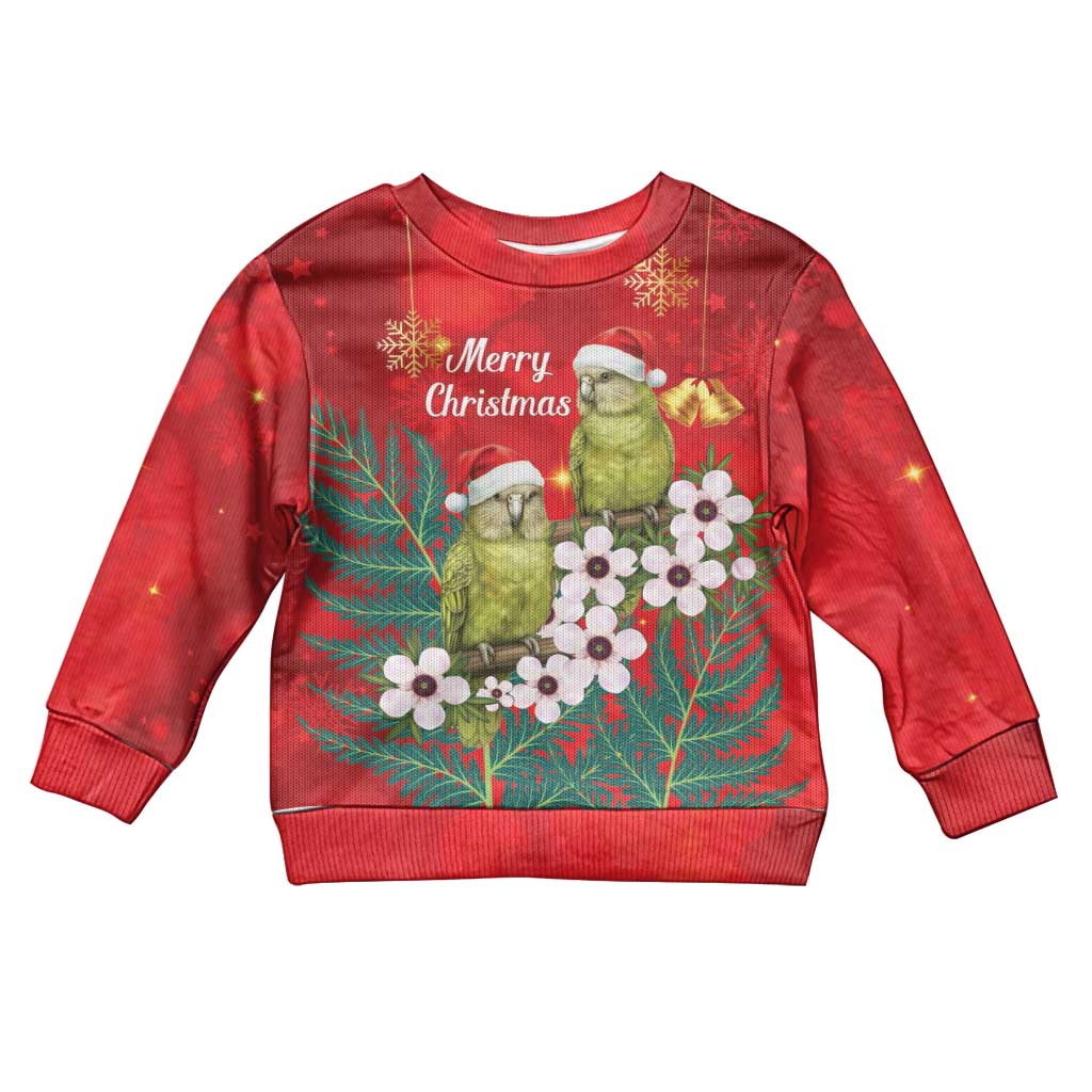 New Zealand Kakapo Christmas Kid Ugly Christmas Sweater Owl Parrot Santa Sliver Fern Manuka - Red - Aussie Hoodie