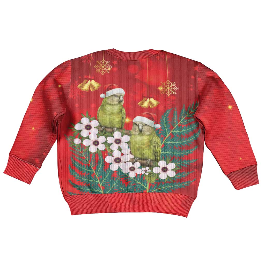New Zealand Kakapo Christmas Kid Ugly Christmas Sweater Owl Parrot Santa Sliver Fern Manuka - Red - Aussie Hoodie