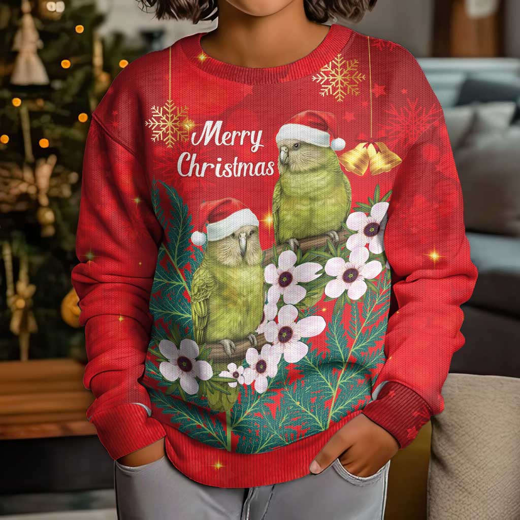 New Zealand Kakapo Christmas Kid Ugly Christmas Sweater Owl Parrot Santa Sliver Fern Manuka - Red - Aussie Hoodie