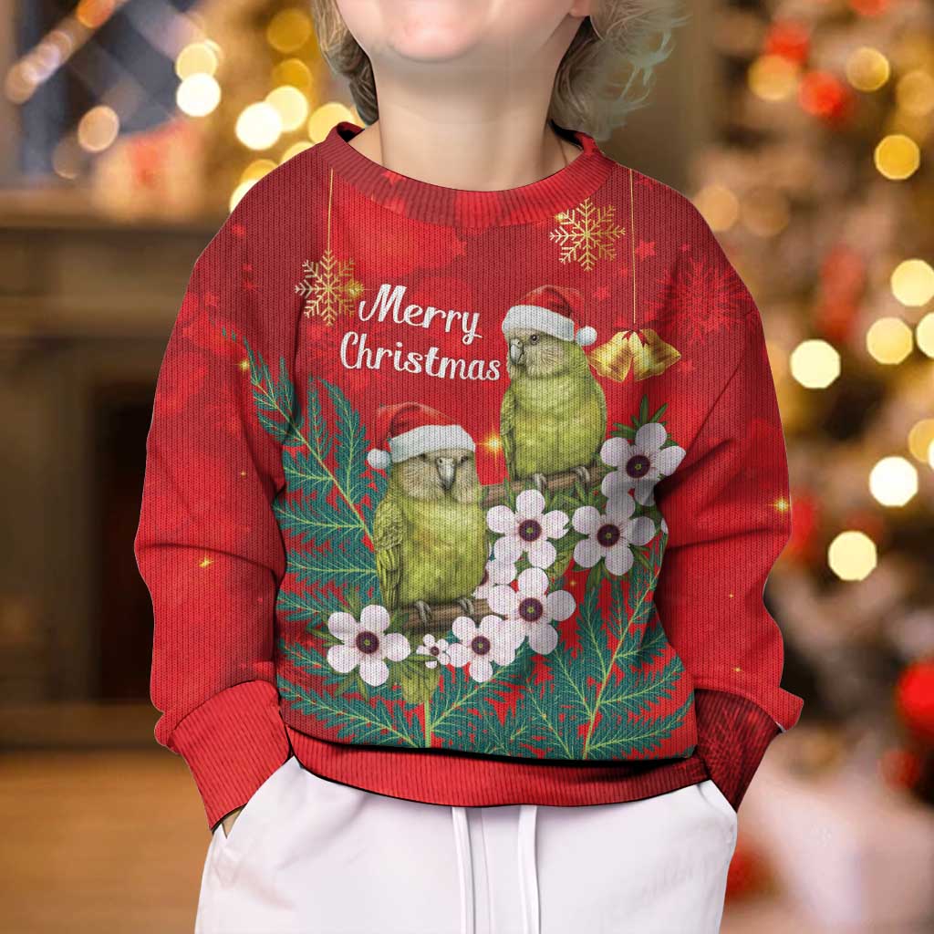 New Zealand Kakapo Christmas Kid Ugly Christmas Sweater Owl Parrot Santa Sliver Fern Manuka - Red - Aussie Hoodie