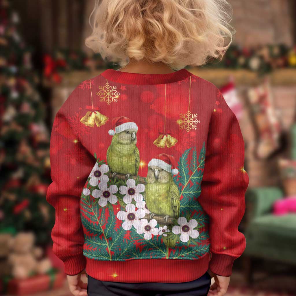New Zealand Kakapo Christmas Kid Ugly Christmas Sweater Owl Parrot Santa Sliver Fern Manuka - Red - Aussie Hoodie