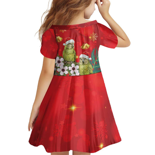New Zealand Kakapo Christmas Kid Short Sleeve Dress Owl Parrot Santa Sliver Fern Manuka - Red - Aussie Hoodie