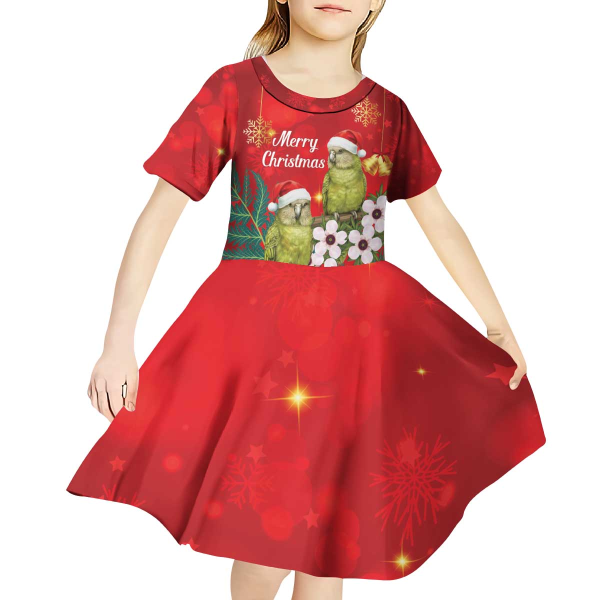 New Zealand Kakapo Christmas Kid Short Sleeve Dress Owl Parrot Santa Sliver Fern Manuka - Red - Aussie Hoodie