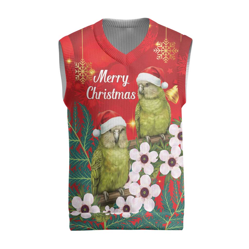 New Zealand Kakapo Christmas Knitted V-Neck Vest Owl Parrot Santa Sliver Fern Manuka - Red - Aussie Hoodie