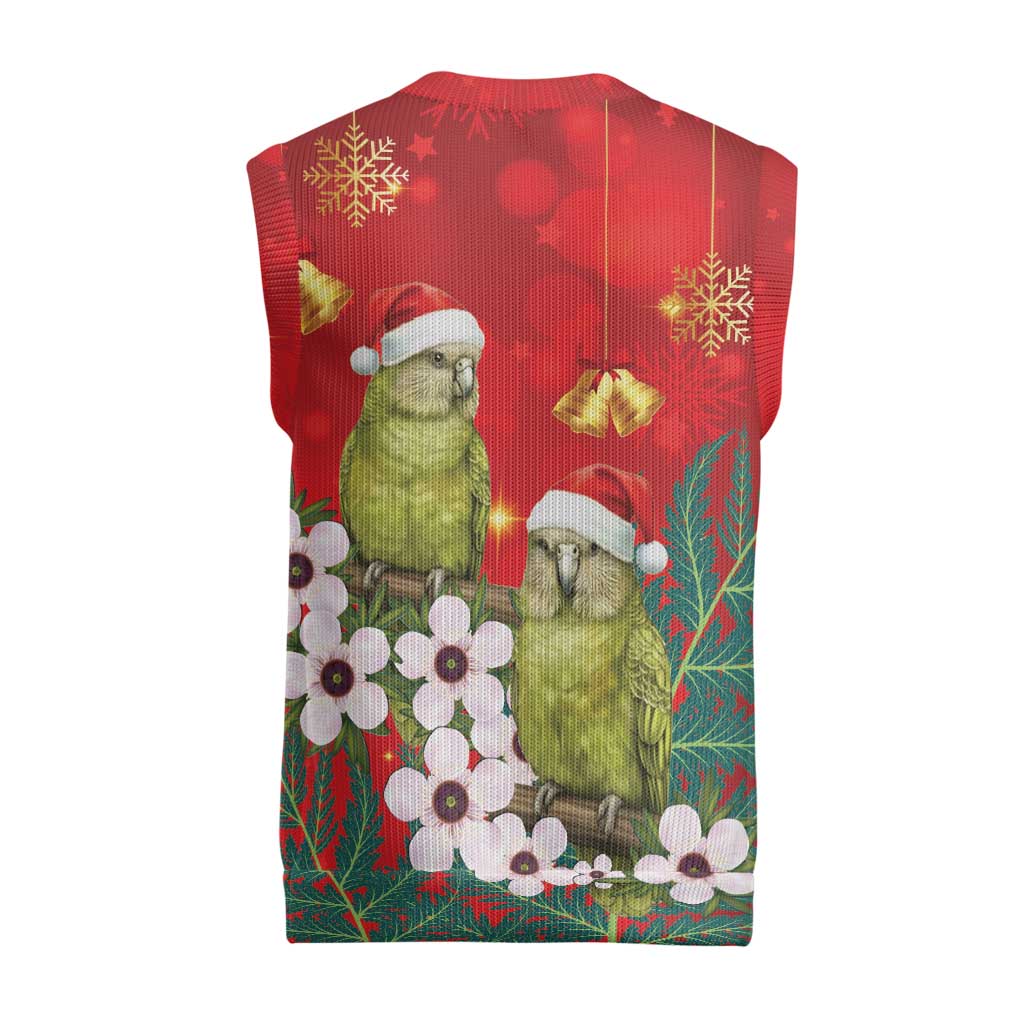 New Zealand Kakapo Christmas Knitted V-Neck Vest Owl Parrot Santa Sliver Fern Manuka - Red - Aussie Hoodie