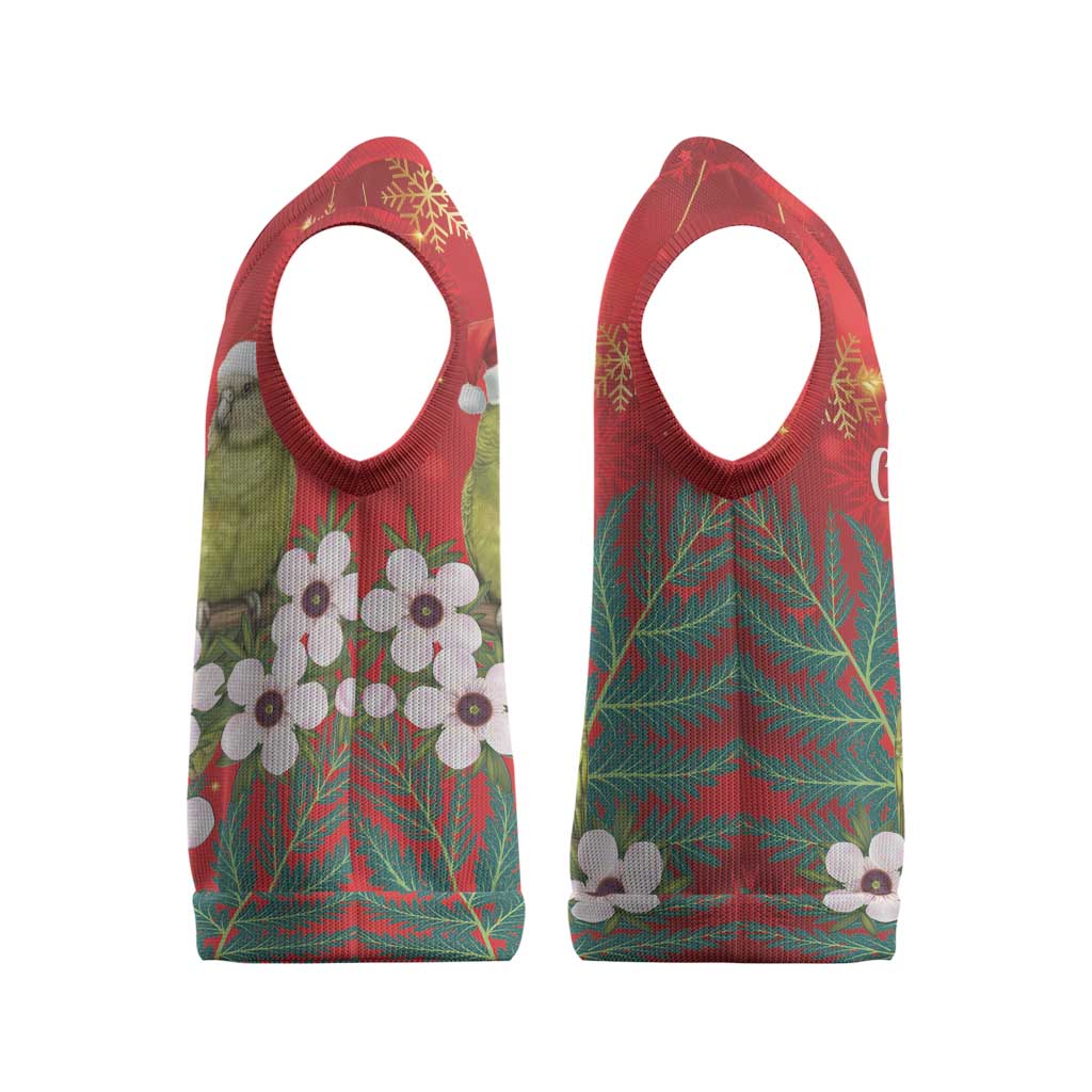 New Zealand Kakapo Christmas Knitted V-Neck Vest Owl Parrot Santa Sliver Fern Manuka - Red - Aussie Hoodie