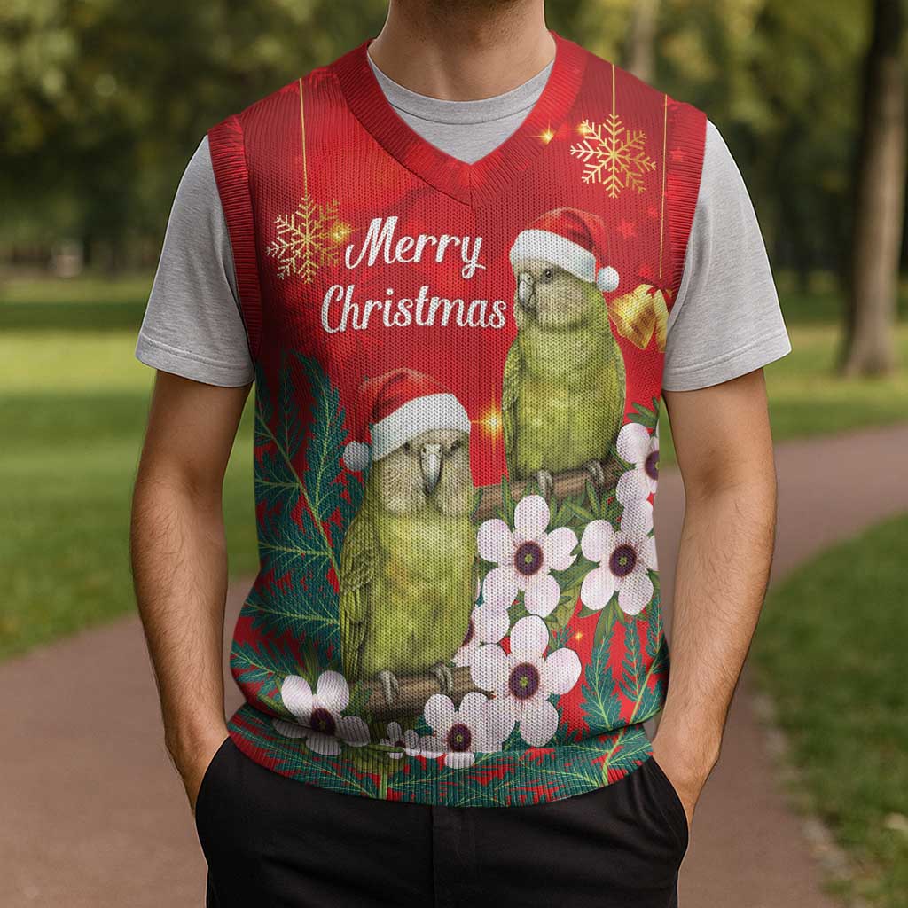 New Zealand Kakapo Christmas Knitted V-Neck Vest Owl Parrot Santa Sliver Fern Manuka - Red - Aussie Hoodie