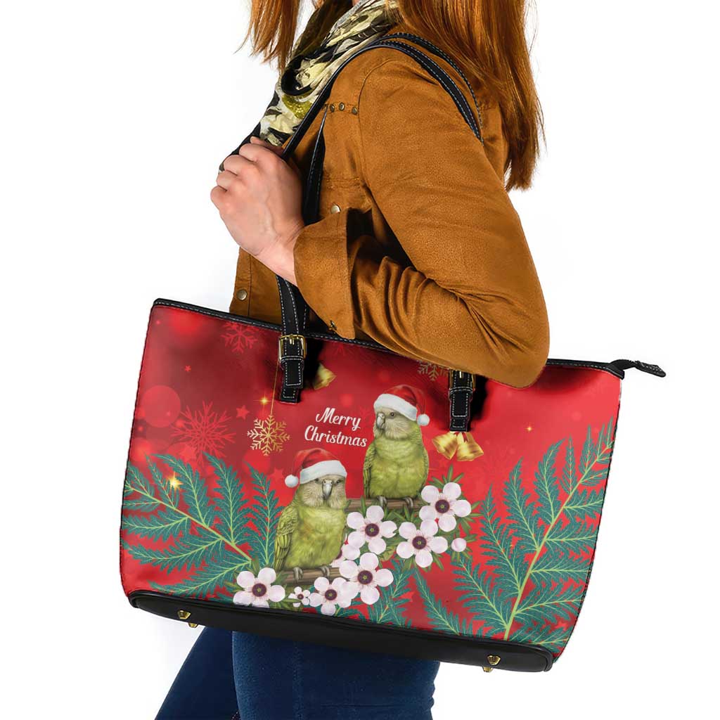 New Zealand Kakapo Christmas Leather Tote Bag Owl Parrot Santa Sliver Fern Manuka - Red - Aussie Hoodie