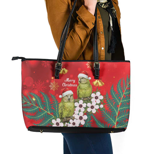 New Zealand Kakapo Christmas Leather Tote Bag Owl Parrot Santa Sliver Fern Manuka - Red - Aussie Hoodie