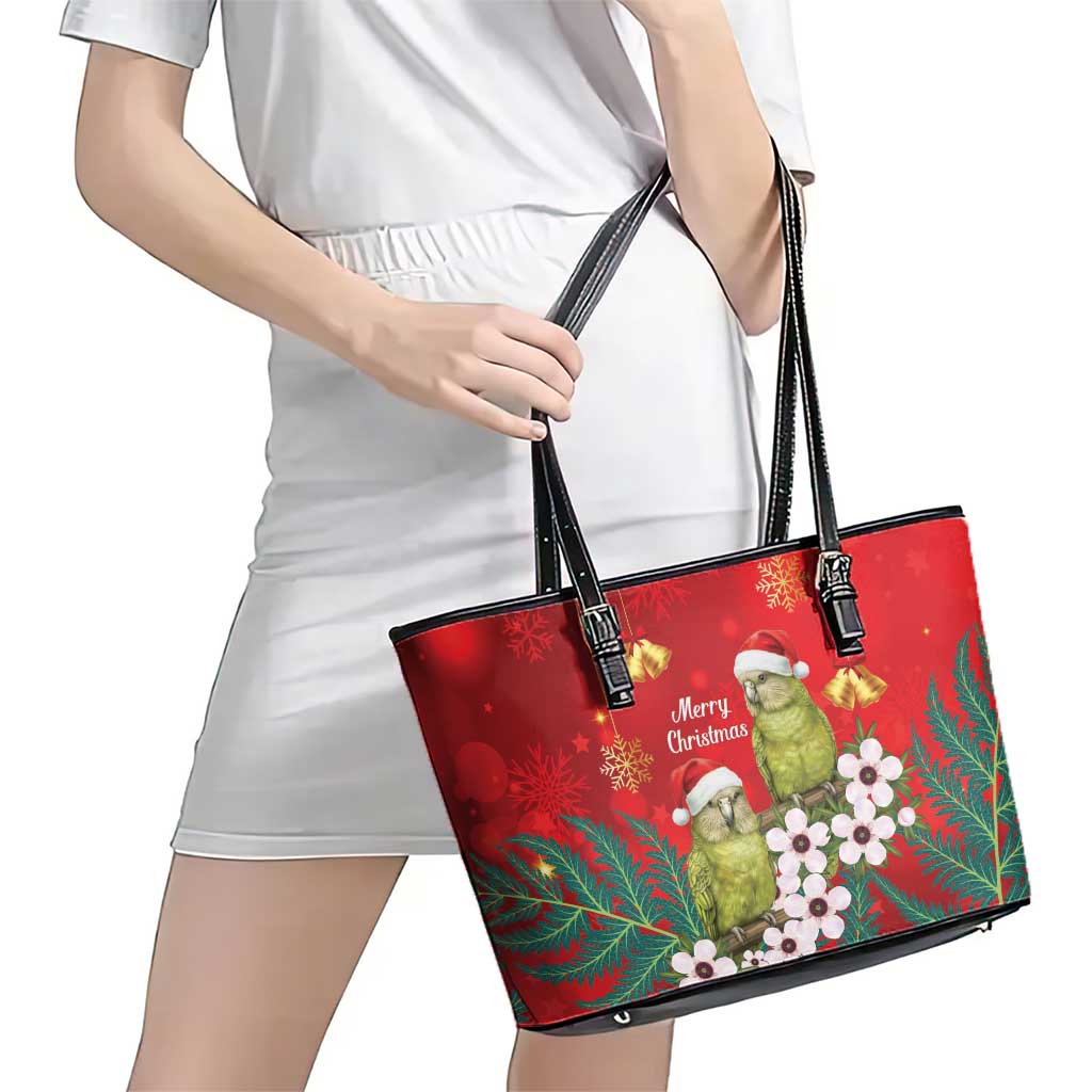 New Zealand Kakapo Christmas Leather Tote Bag Owl Parrot Santa Sliver Fern Manuka - Red - Aussie Hoodie