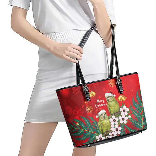 New Zealand Kakapo Christmas Leather Tote Bag Owl Parrot Santa Sliver Fern Manuka - Red - Aussie Hoodie