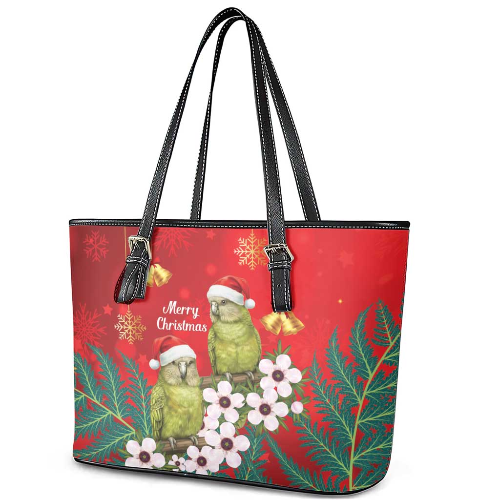 New Zealand Kakapo Christmas Leather Tote Bag Owl Parrot Santa Sliver Fern Manuka - Red - Aussie Hoodie