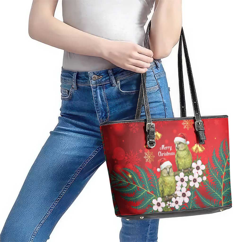 New Zealand Kakapo Christmas Leather Tote Bag Owl Parrot Santa Sliver Fern Manuka - Red - Aussie Hoodie