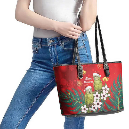 New Zealand Kakapo Christmas Leather Tote Bag Owl Parrot Santa Sliver Fern Manuka - Red - Aussie Hoodie