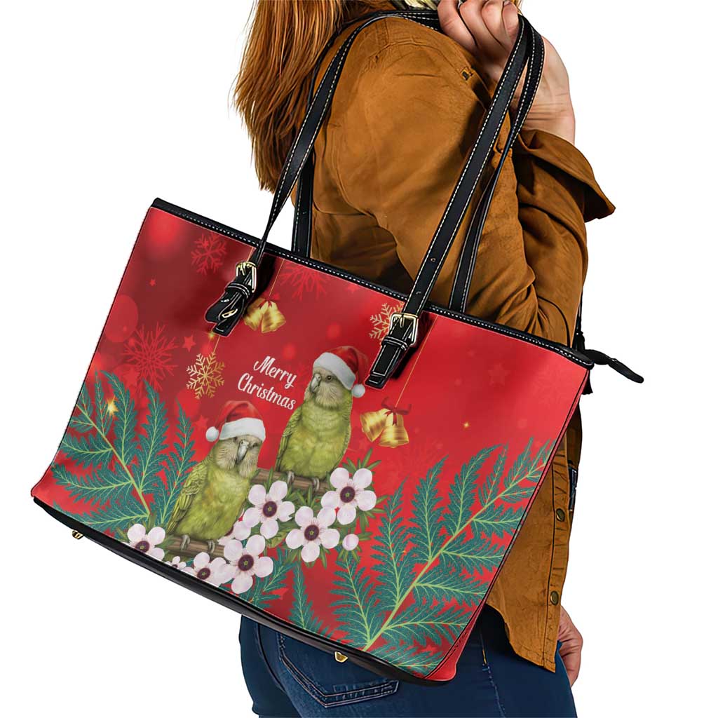 New Zealand Kakapo Christmas Leather Tote Bag Owl Parrot Santa Sliver Fern Manuka - Red - Aussie Hoodie